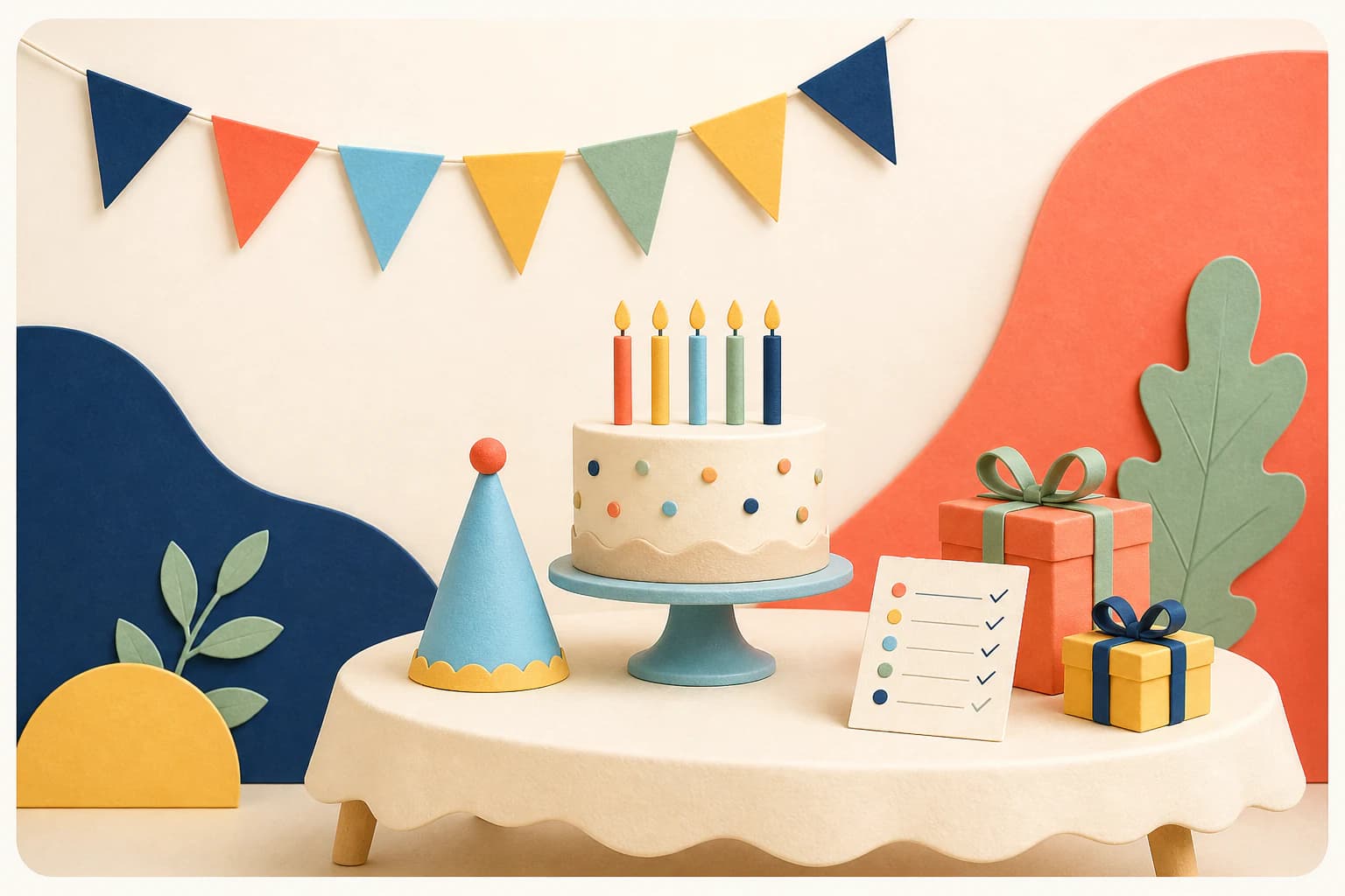 Table d’anniversaire avec gâteau, cadeaux et liste de préparation